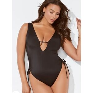 Black One Piece Swimsuit Plunge Tie Side Ruched Womens Swimwear size 20‎